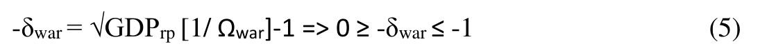 -δwar = √GDPrp [1/ Ωwar]-1 => 0 ≥ -δwar ≤ -1 (5)