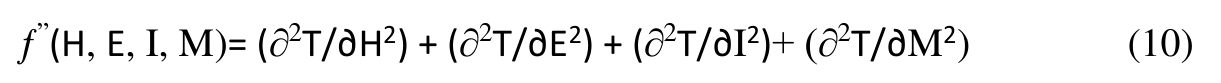 ƒ”(H, E, I, M)= (∂2T/∂H2) + (∂2T/∂E2) + (∂2T/∂I2)+ (∂2T/∂M2) (10)