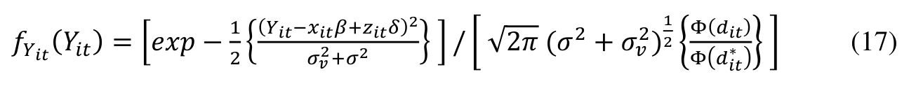 1 2 { Φ(𝑑𝑖𝑡) 1 𝜎𝑣2+𝜎2 } ] / [ √2𝜋 (𝜎2 + 𝜎𝑣 2) ∗)} ] (17) 𝑓𝑌𝑖𝑡(𝑌𝑖𝑡) = [𝑒𝑥𝑝− 2 { Φ(𝑑𝑖𝑡