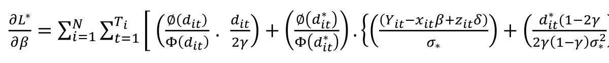 ∗) ∗(1−2𝛾 𝜕𝐿∗ ∅(𝑑𝑖𝑡) ∅(𝑑𝑖𝑡 𝑑𝑖𝑡 𝑑𝑖𝑡 𝜕𝛽= ∑ ∑ [ ( 2𝛾) + ( ∗)) . {( Φ(𝑑𝑖𝑡) . 𝜎∗ ) + ( Φ(𝑑𝑖𝑡
