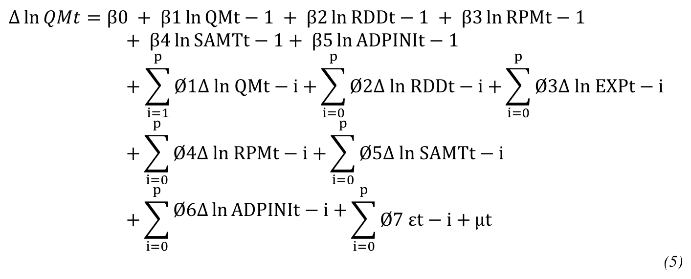 ∆ln 𝑄𝑀𝑡= β0 + β1 ln QMt −1 + β2 ln RDDt −1 + β3 ln RPMt −1 + β4 ln SAMTt −1 + β5 ln ADPINIt −1 p p p + ∑Ø1∆ ln QMt −i + ∑Ø2∆ ln RDDt −i + ∑Ø3∆ ln EXPt −i i=1 i=0 i=0 p p + ∑Ø4∆ ln RPMt −i + ∑Ø5∆ ln SAMTt −i i=0 i=0 p p + ∑Ø6∆ln ADPINIt −i + ∑Ø7 εt −i + μt i=0 i=0 (5)