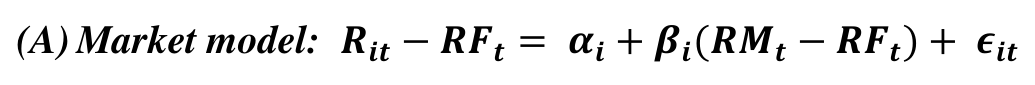 (A) Market model: 𝑹𝒊𝒕−𝑹𝑭𝒕= 𝜶𝒊+ 𝜷𝒊(𝑹𝑴𝒕−𝑹𝑭𝒕) + 𝝐𝒊𝒕