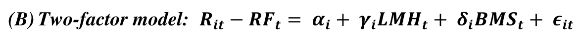 (B) Two-factor model: 𝑹𝒊𝒕−𝑹𝑭𝒕= 𝜶𝒊+ 𝜸𝒊𝑳𝑴𝑯𝒕+ 𝜹𝒊𝑩𝑴𝑺𝒕+ 𝝐𝒊𝒕