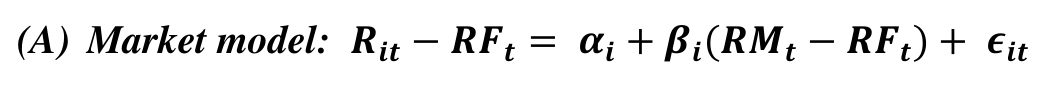 (A) Market model: 𝑹𝒊𝒕−𝑹𝑭𝒕= 𝜶𝒊+ 𝜷𝒊(𝑹𝑴𝒕−𝑹𝑭𝒕) + 𝝐𝒊𝒕