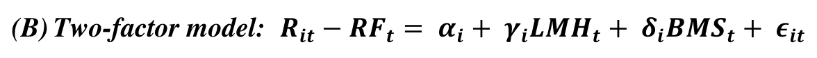 (B) Two-factor model: 𝑹𝒊𝒕−𝑹𝑭𝒕= 𝜶𝒊+ 𝜸𝒊𝑳𝑴𝑯𝒕+ 𝜹𝒊𝑩𝑴𝑺𝒕+ 𝝐𝒊𝒕