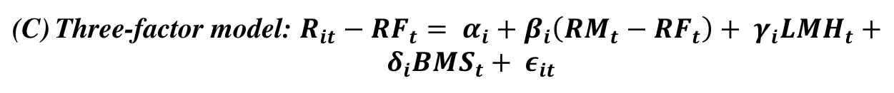 (C) Three-factor model: 𝑹𝒊𝒕−𝑹𝑭𝒕= 𝜶𝒊+ 𝜷𝒊(𝑹𝑴𝒕−𝑹𝑭𝒕) + 𝜸𝒊𝑳𝑴𝑯𝒕+ 𝜹𝒊𝑩𝑴𝑺𝒕+ 𝝐𝒊𝒕