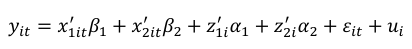 ′ 𝛽1 + 𝑥2𝑖𝑡 ′ 𝛽2 + 𝑧1𝑖 ′ 𝛼1 + 𝑧2𝑖 ′ 𝛼2 + 𝜀𝑖𝑡+ 𝑢𝑖 𝑦𝑖𝑡= 𝑥1𝑖𝑡