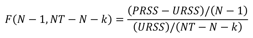 (𝑃𝑅𝑆𝑆−𝑈𝑅𝑆𝑆)/(𝑁−1) 𝐹(𝑁−1, 𝑁𝑇−𝑁−𝑘) = (𝑈𝑅𝑆𝑆)/(𝑁𝑇−𝑁−𝑘)